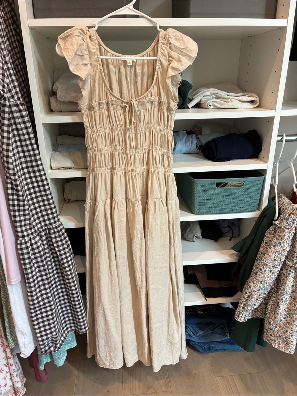 Cream Smocked Maxi Dress with Flutter Sleeves